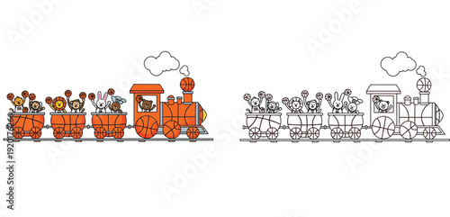 Cartoon animals riding basketball train coloring page vector illustration