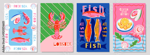 Seafood poster collection with fish, lobster, shrimp and shell in bright vintage style. Decorative illustration with bold colors for restaurant, menu, print and food design.