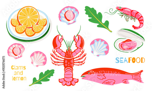 Seafood object set with fish, lobster, shrimp, clam and lemon in bright vintage style. Decorative illustration isolated for menu, packaging and food design.