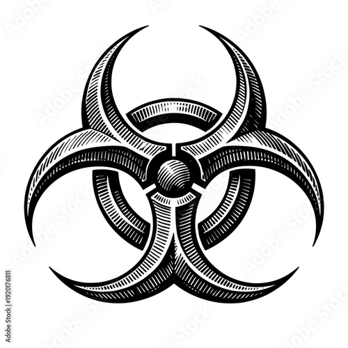 Black and white engraved biohazard symbol in woodcut style. Universal warning sign for biological hazards, infectious risks, contamination, safety, medical, lab, and industrial use. Critical precautio