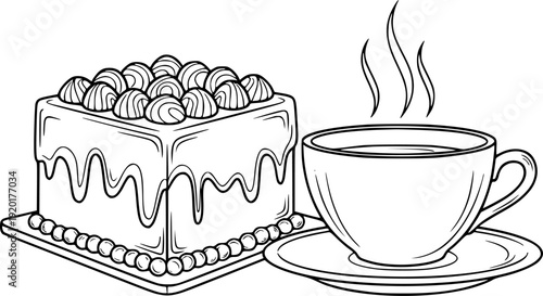 Black and white line of a square cake with frosting and a steaming cup of coffee a white background