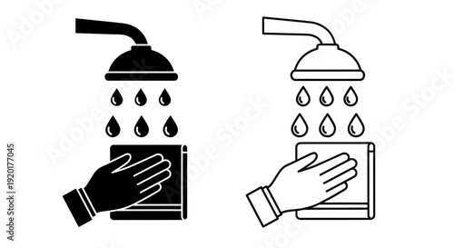 Shower head water flow hand washing hygiene cleanliness bathroom icon set Vector