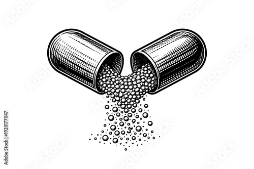 Open medical capsule in vintage woodcut. Granules spill to form a heart, a monochrome symbol of health, love, medicine, and care. Ideal for wellness, pharmacy, branding, blending science with heartfel