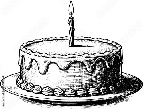 Black and white of a frosted cake with a single lit candle a plate birthday celebration