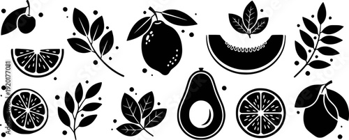 Black and white silhouette collection of assorted fruits and leaves with scattered dots