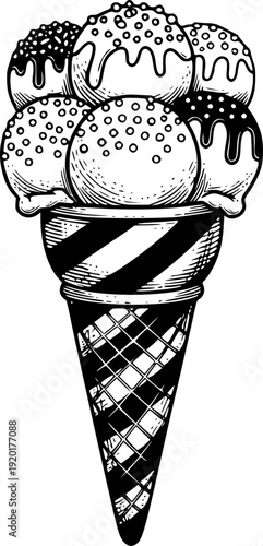 Black and white of a stacked ice cream cone with sprinkles and drizzles a white background