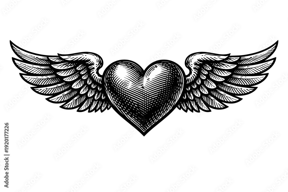 Obraz premium Captivating vintage engraved winged heart illustration in classic black and white woodcut style. Iconic symbol of profound love, divine freedom, spiritual aspiration. Ideal for tattoo art, retro desig