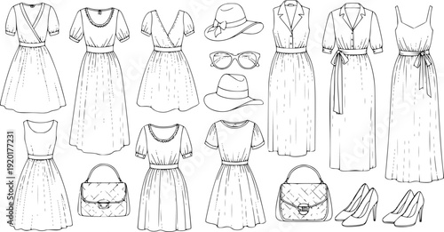 Collection of women's dresses hats sunglasses handbags and heel shoes fashion clothing