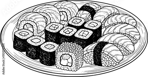 Hand Drawn Black and White of a Sushi Platter with Various Rolls and Nigiri food