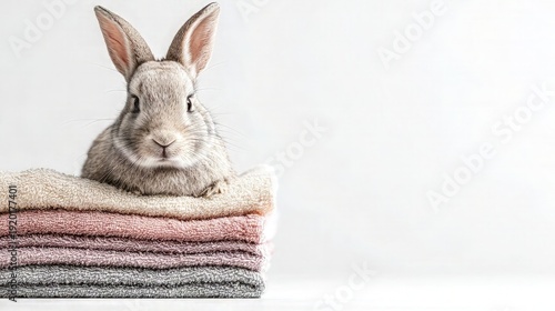 Wallpaper Mural Cute grey domestic rabbit resting on stacked pastel towels against white minimal background with copy space, soft bathroom care concept Torontodigital.ca