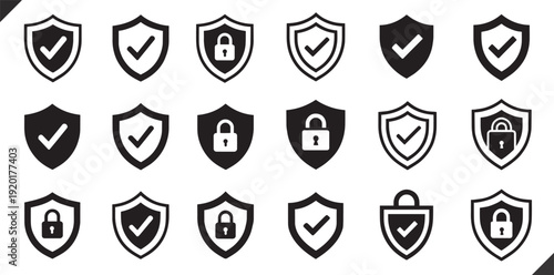 security icon set, protection symbols, security icon with check mark and lock sign vector set