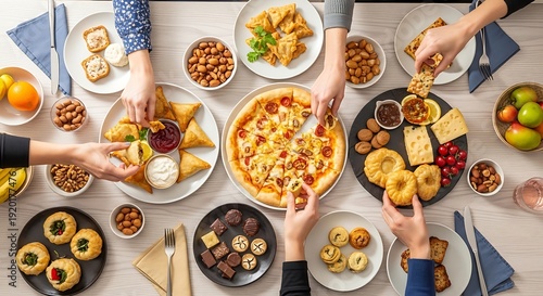 Overhead view of a diverse group of people enjoying a plentiful Iftar meal with pizza, pastries, fruits, and snacks on a table.