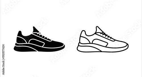 Black and white sneakers minimalist style icon set for design projects Vector