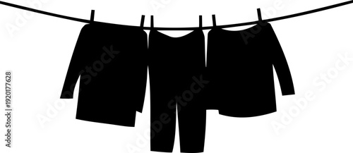 A minimalist silhouette of clothes hanging on a clothesline against a white background