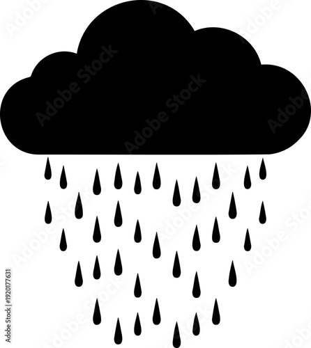 A minimalist vector graphic of a rain cloud with raindrops on a white background