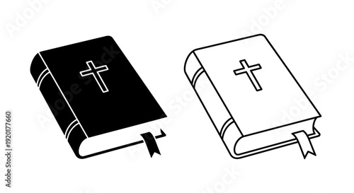 Two open bibles with crosses on the cover, black and white line art illustration Vector