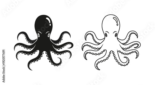 Two octopus illustrations in black and white Vector