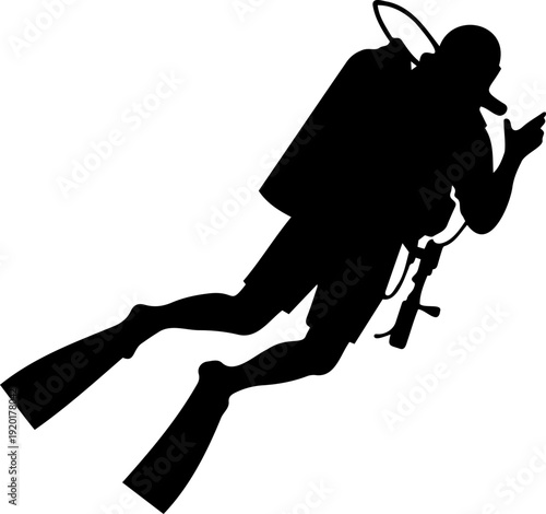 A black silhouette of a scuba diver swimming in the water with diving gear