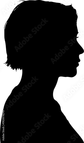 A black silhouette of a woman's head and shoulders against a white background