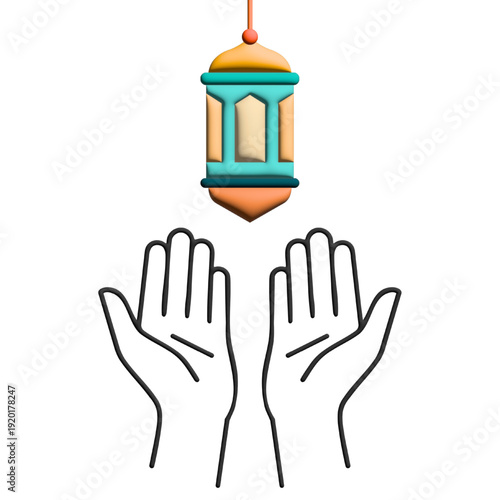 Modern 3D Illustration of a Colorful Ramadan Lantern Hanging Above Praying Hands Isolated on White for Islamic Faith and Prayer Concepts