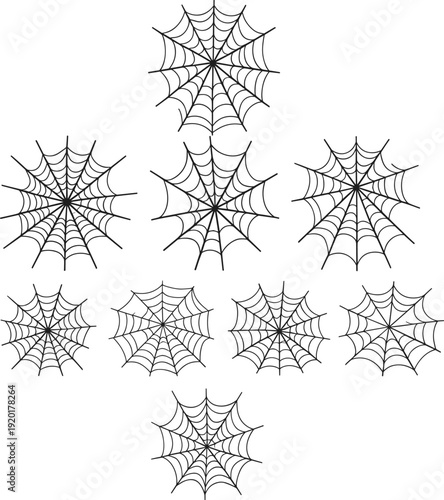 Collection of nine stylized spider web illustrations arranged in grid pattern, isolated on white background, perfect for Halloween, decoration, and design projects
