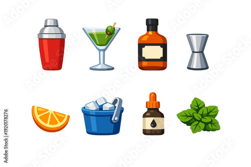 Collection of cocktail making ingredients and tools for a perfect drink