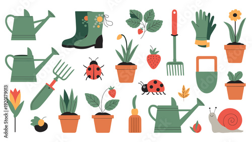 Extensive set of gardening illustrations features tools like watering cans, gloves, and rakes along with potted plants and garden insects.