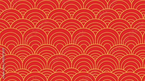 Traditional Asian wave pattern features repeating semi-circles in a vibrant red and yellow color scheme for a classic oriental design.