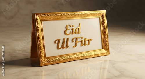 A luxurious gold frame with eid ul fitr written on it on a marble surface.