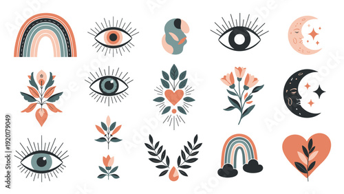 Boho aesthetic design elements include various mystical eyes, rainbows, hearts, and floral branches in a muted palette for a trendy look.