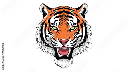 Powerful tiger head illustration showing an aggressive roar with bared teeth and intense eyes on a plain white background.