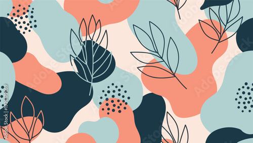Modern seamless pattern featuring abstract shapes, dots, and delicate leaf line drawings in a soft pastel color palette for design.