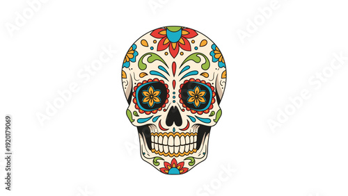Colorful mexican sugar skull decorated with flowers and traditional patterns for day of the dead celebrations on white.