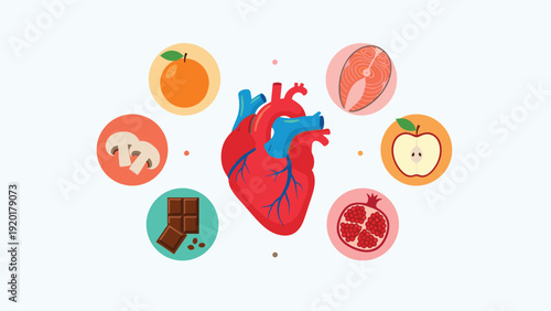 Educational graphic showing a human heart surrounded by icons of heart healthy foods like salmon, apple, and orange.