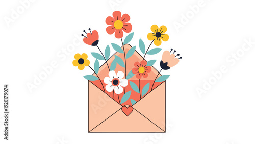 Delicate pink envelope filled with various colorful blooming flowers and green leaves on a plain white background for greetings.