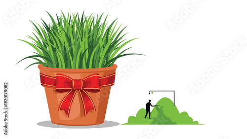 Vibrant green grass growing in a clay pot decorated with a large red ribbon bow alongside a small landscape scene.