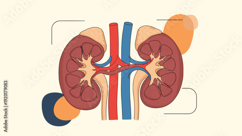 Anatomical illustration of human kidneys with blood vessels shown in cross section over an abstract geometric background.