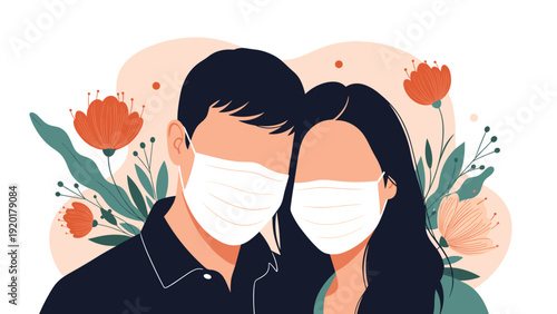 Stylized portrait of a young couple wearing white protective face masks surrounded by elegant floral motifs and leaves.