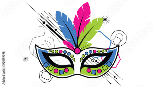 Festive blue and green carnival mask decorated with bright feathers and abstract geometric patterns for a party event.