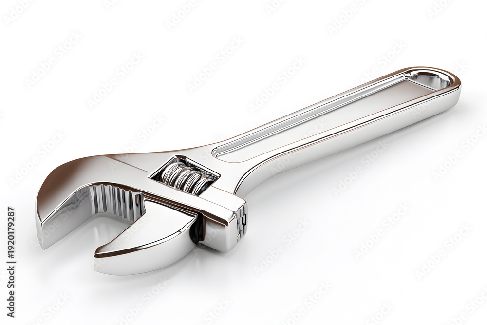 Obraz premium Shiny Chrome Adjustable Wrench on White Background