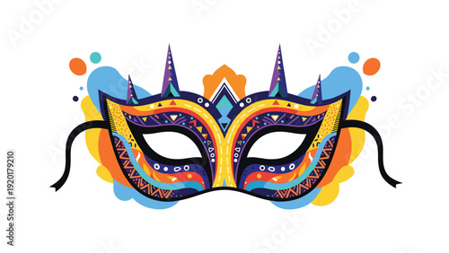 Ornate and colorful carnival mask featuring intricate patterns, spikes, and vibrant geometric shapes for a festive event.