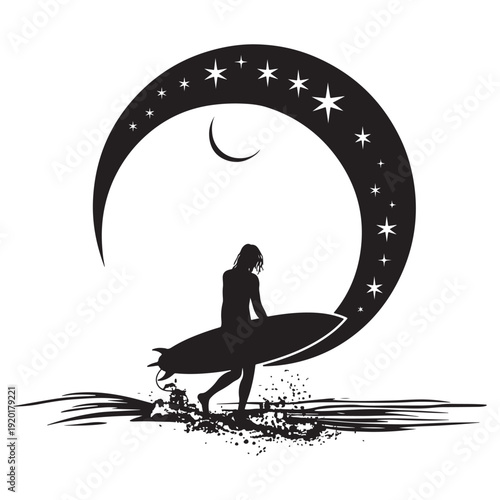 A lone surfer walks under a starry crescent moon with a surfboard