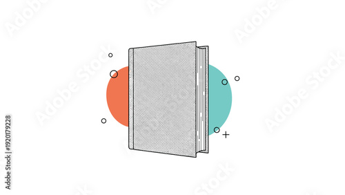 Stylized illustration of a closed book with textured cover shown between two colorful circles and abstract geometric shapes.
