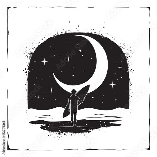 A lone surfer stands on a beach gazing up at a large crescent moon in a starry night sky