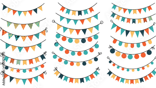 Collection of colorful party bunting flags and festive garlands in various shapes and patterns isolated on a white background.
