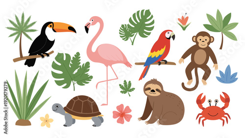 Vibrant set of tropical animals and lush jungle foliage including a flamingo, toucan, parrot, sloth, monkey, and turtle icons.