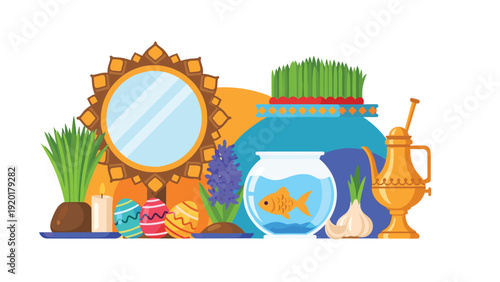 Traditional Haft-sin table arrangement for the Persian New Year Nowruz featuring a mirror, goldfish, eggs, and sprouted wheat.