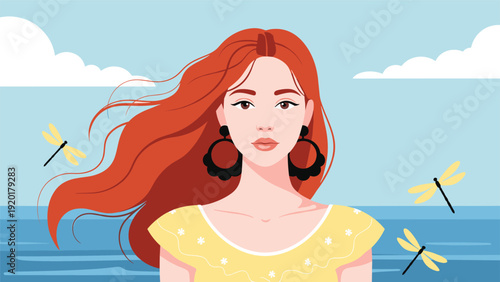 Beautiful portrait of a woman with long red hair wearing large earrings at the beach with dragonflies in the sky.
