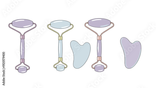 Beauty massage tools including several stone jade rollers and heart shaped gua sha scrapers are displayed in a clean graphic design.