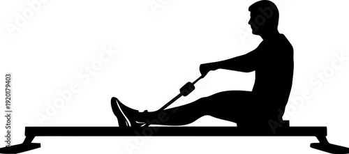 A silhouette of a man rowing on a rowing machine in a fitness gym